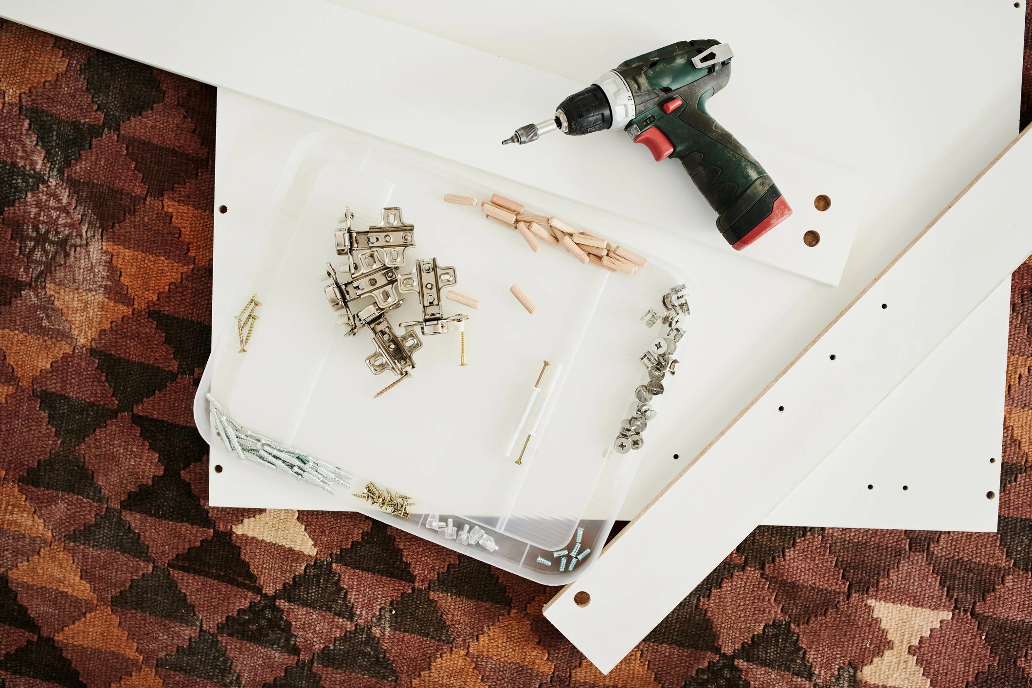 Woodworking tools arranged on a workbench